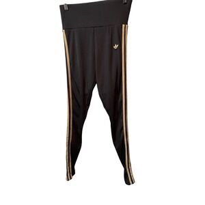 Adidas Black Gold Striped Ribbed‎ High Waist Leggings Pants Tights Women's Small